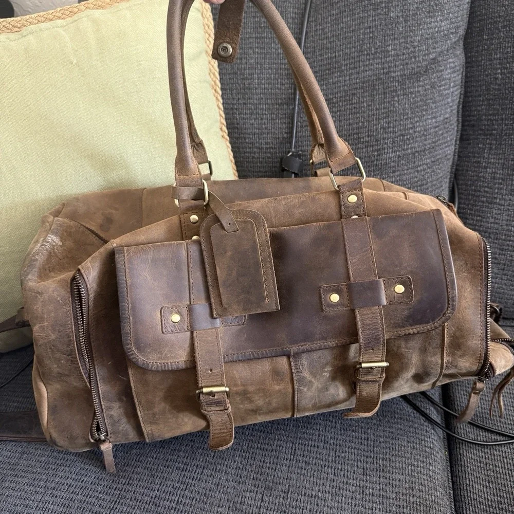 KomalC Distressed Brown Buffalo Leather Large Duffel Weekender Bag Shoe Comp
